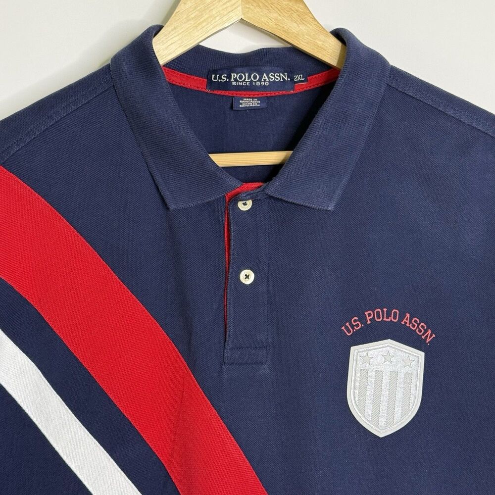 U.S. POLO ASSN. Polo Short Sleeve Shirt Men's 2XL Navy Blue Red White Shield #3